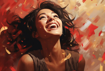 A woman smiles while seeing confetti falling in front of her, her red, bold and graphic nature, contest winner, animated gifs, and energetic frenzy apparent.