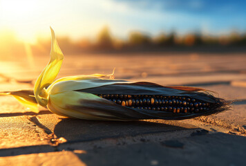 A corn ear is planted on a tar flat surface, its youthful energy apparent in the sunlight in the distance. - obrazy, fototapety, plakaty
