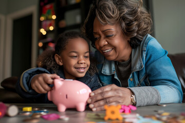 Grandmother Teaching Granddaughter Financial Savings, African-American Family Moment