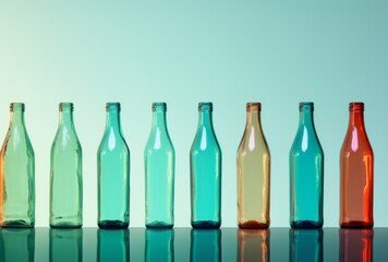 Colorful plastic bottles in a row on a cool turquoise background present minimalist collages, collaborative activism, and kimoicore in light teal and light maroon.
