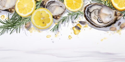 A fresh oyster with lemon and rosemary sits on the table, its minimalist backgrounds, whimsical and fantastical elements, and naturalistic ocean waves apparent in light gray.