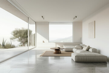 A white and minimal style living  room with concrete floor, elegant furniture, beige rug and blank wall. The room has large window, beautiful sunlight went through it...