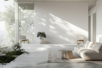 A white and minimal style living  room with concrete floor, elegant furniture, beige rug and blank wall. The room has large window, beautiful sunlight went through it...