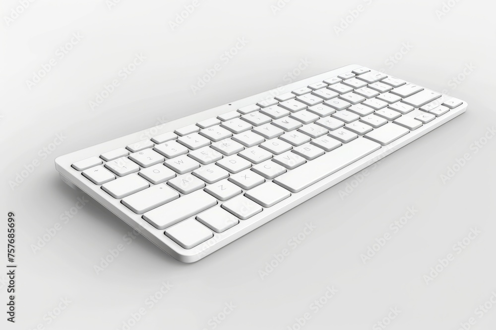 Poster 3d render of a modern wireless keyboard with a slim profile and quiet keys, on isolated white backgr