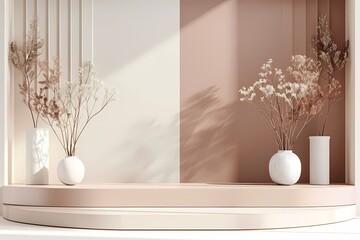 Simple minimalist  Empty podiums or pedestals , in pink and white color, For skincare, spa, cosmetic product display scene , for commercial product display