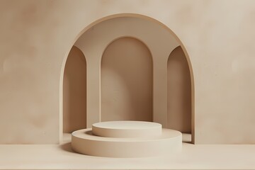 Simple minimalist Empty blank  beige podiums or pedestals , with arch backdrop, For skincare, spa, cosmetic product display scene , for commercial product display