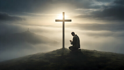 A man kneels humbly in a fog-laden landscape, with the cross shining as a symbol of hope.