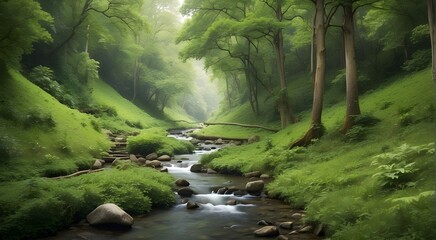 Naklejka na ściany i meble A tranquil stream winding through a lush, green forest 