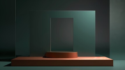 Blank Sleek copper metallic elevated podium , in dark green studio scene mockup, for product display, presentation and advertising