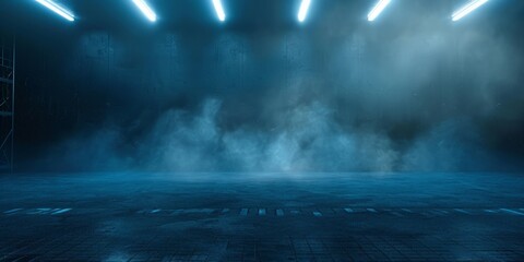 An empty stage with neon lights and spotlights in a dark room, highlighted by smoke floating up from the floor