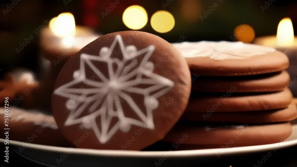 Poster an enticing closeup of gingerbread cookies coated in a smooth layer of velvety dark chocolate. the r