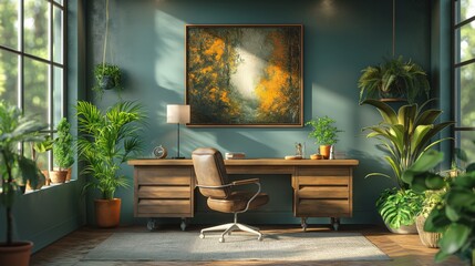 Cozy office interior background, wall mockup, 3d render. Stylish office interior. Decor concept. Real estate concept. Art concept. Design concept. Office concept
