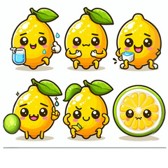 Lemon. Cute fruit vector character set isolated on white