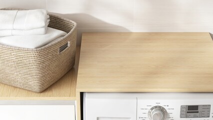 Blank space on brown wooden countertop counter in laundry room, rattan basket, washing machine,...