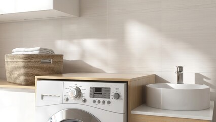 Blank space on brown wooden countertop counter in laundry room, rattan basket, washing machine,...