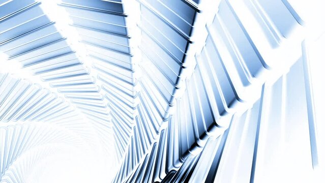 Flight in abstract sci-fi tunnel, futuristic graphics. Design. Spinning neon glowing corridor with metal planks.