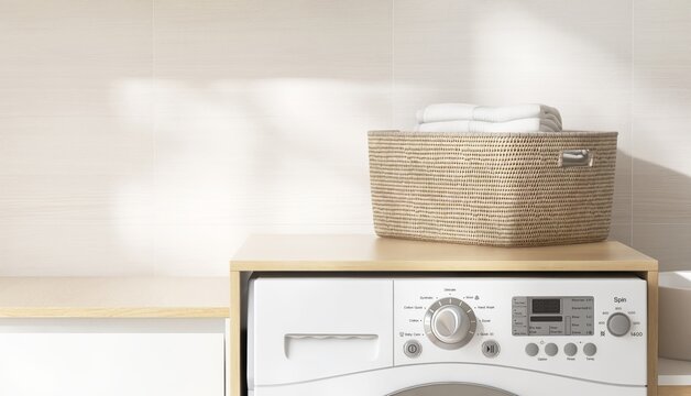 Blank space on brown wooden countertop counter in laundry room, rattan basket, washing machine, white washbasin in sunlight, soft leaf foliage shadow on cream tile wall in background 3D