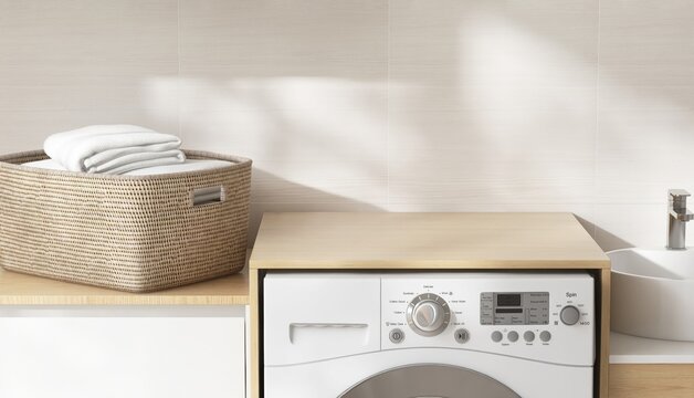 Blank space on brown wooden countertop counter in laundry room, rattan basket, washing machine, white washbasin in sunlight, soft leaf foliage shadow on cream tile wall in background 3D