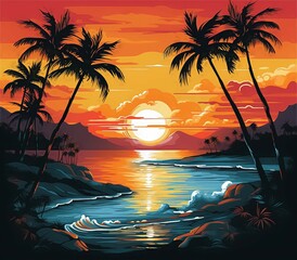 Tropical Sunset Oil Painting Background Wall Art Beach With Generative AI