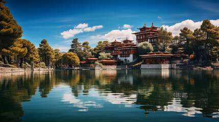 Fototapeta premium Liquid Canvas of Lamas: Capturing Norbulingka's Gardens in Reflective Artistry