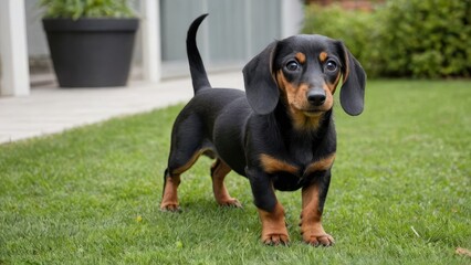 Black and tan smooth haired dachshund dog in the garden