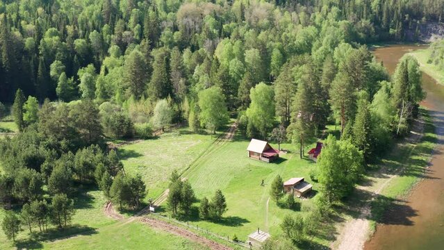 Southern Urals, Kultamak tourist base by the Zilim River. Aerial view.