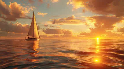 Rolgordijnen Golden Sea Journey, A stunning sailboat sails on a tranquil sea, bathed in the warm glow of the setting sun, with the sky painted in shades of orange and clouds reflecting the sun's final rays © auc