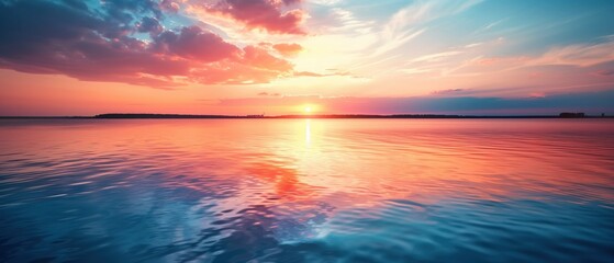 Sundown Serenity, A serene sunset painting the sky in hues of pink and orange as it dips below the horizon, its reflection casting a peaceful glow over the gentle ripples of the vast lake