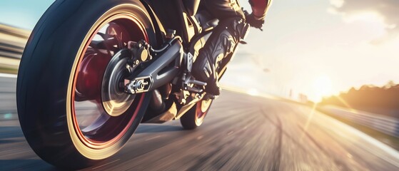 High-Speed Sunset Ride, Close-up of a motorcycle speeding on an open road at sunset, with the motion blur conveying the sense of speed and the thrill of the ride as the day ends
