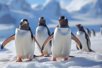 Obraz premium A group of penguins gather on the snowy Antarctic coast.
