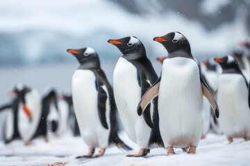 A group of penguins gather on the snowy Antarctic coast.