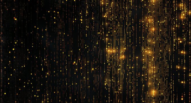 Abstract digital pattern of black and yellow background with gold dots and binary numbers, creating a tech-inspired design