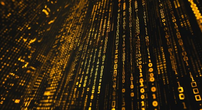 A digital gold texture featuring pixelated lines of code on a black background, with an abstract pattern of golden binary numbers and tech-inspired design elements