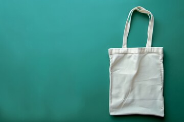 A white tote bag made of cotton, perfect for shopping and reusable, placed on a green background