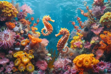 Naklejka na ściany i meble Lively images of seahorses show coral reefs bustling with marine life.