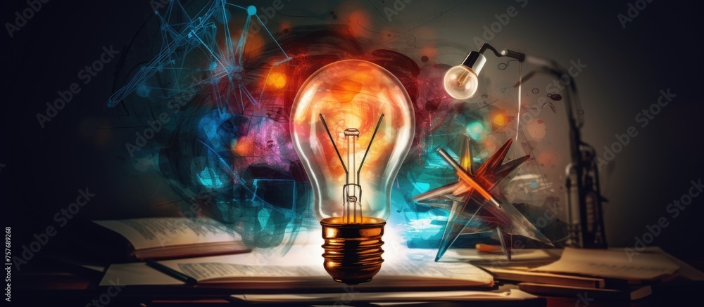 Poster an electric blue light bulb illuminates a book on the table, creating a symmetrical display of art. 