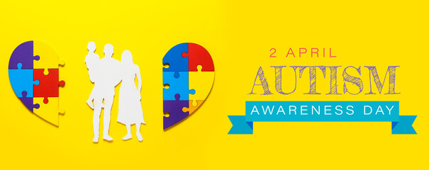 Fototapeta premium Colorful puzzle pieces and figure of family on color background. Concept of autistic disorder