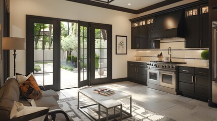 Black Kitchen Cabinets in Arizonan Home with French Doors overlooking Patio