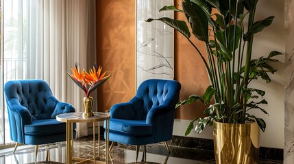 Blue Velvet Armchairs and Bird of Paradise Flower in Luxurious Hotel Lobby