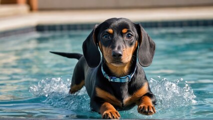 Black and tan smooth haired dachshund dog in the swimming pool