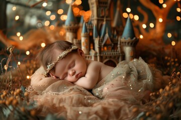 Professional Photography of a newborn sleeping soundly in a fairy-tale-inspired setup, Generative AI