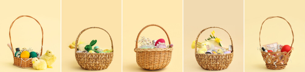 Set of Easter gift baskets with makeup cosmetics on beige background
