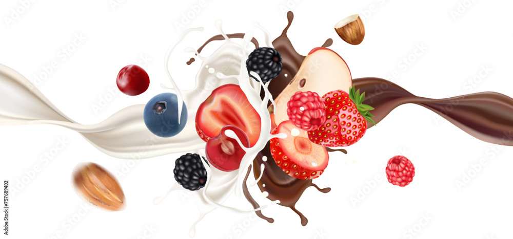 Aufkleber mix berries smoothies fruit with milk splashing of tropical fruits isolated on white background. vec