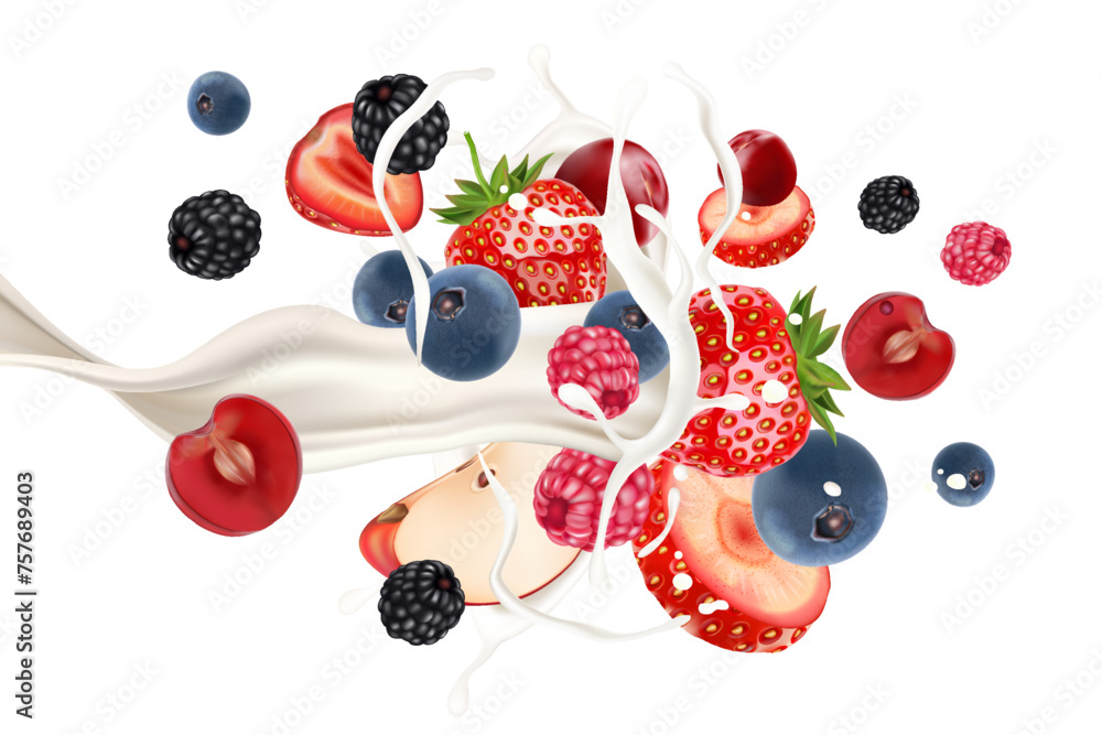 Aufkleber mix berries smoothies fruit with milk splashing of tropical fruits isolated on white background. vec