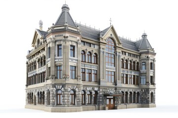 Fototapeta na wymiar 3D Render of a historic college building with ornate architecture and lecture halls, on isolated white background, Generative AI