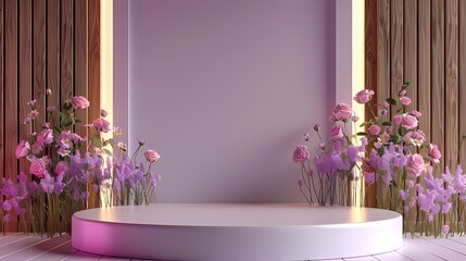 Mock up empty pastel lilac lavender podium with romantic style flowers background for commercial product display