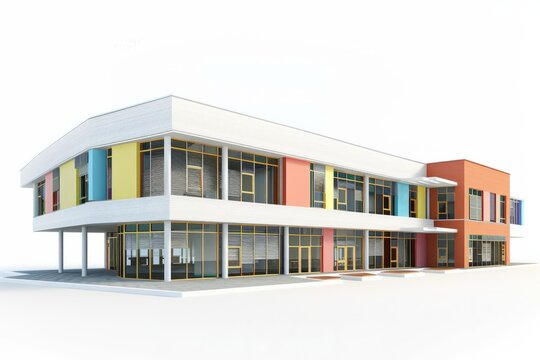 3D Render of an international school building with multicultural classrooms and language immersion programs, on isolated white background, Generative AI