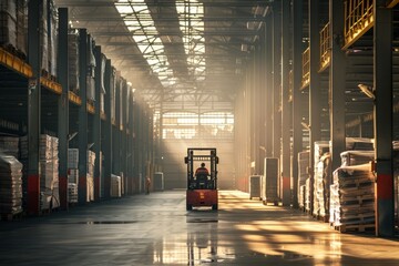 A forklift maneuvers through a warehouse filled with pallets, transporting goods efficiently - obrazy, fototapety, plakaty