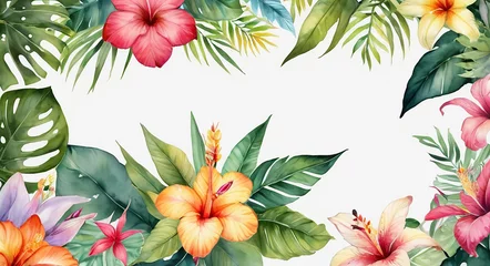 Keuken foto achterwand Tropical flowers and leaves with vibrant colors on a white background forming a frame with an empty center © PREM