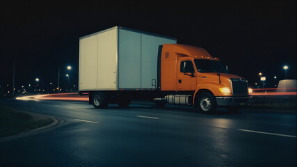 Fototapeta na wymiar A semi-truck, painted in orange and white, drives down a highway at night A semi-truck, painted in orange and white, drives down a highway at night